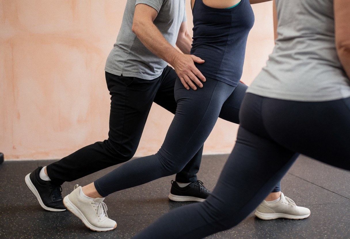 CrossFit coach correcting client's lunge posture in a gym with terracotta walls and rubber flooring under bright natural light
