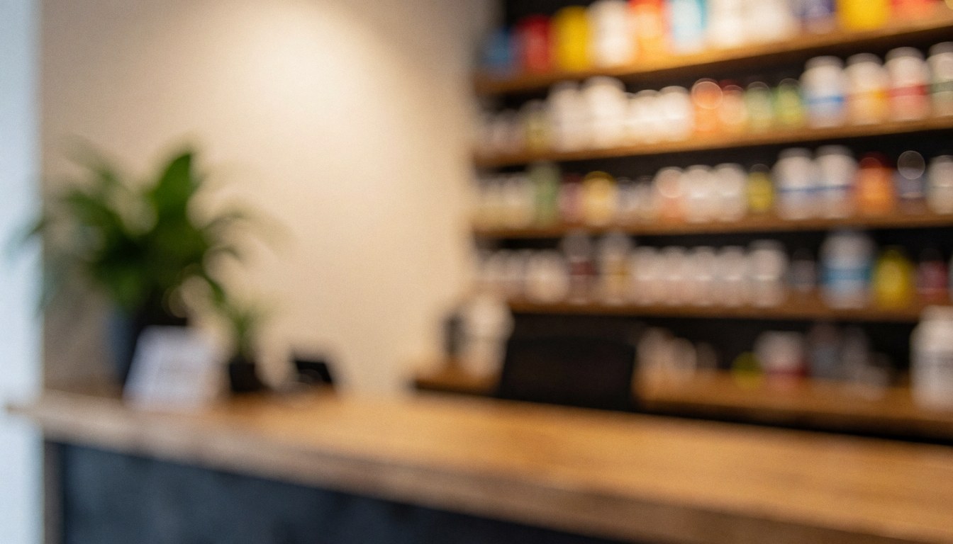 CrossFit reception background featuring a supplement shelf, wooden table, plant, warm lighting, and soft bokeh for text overlay