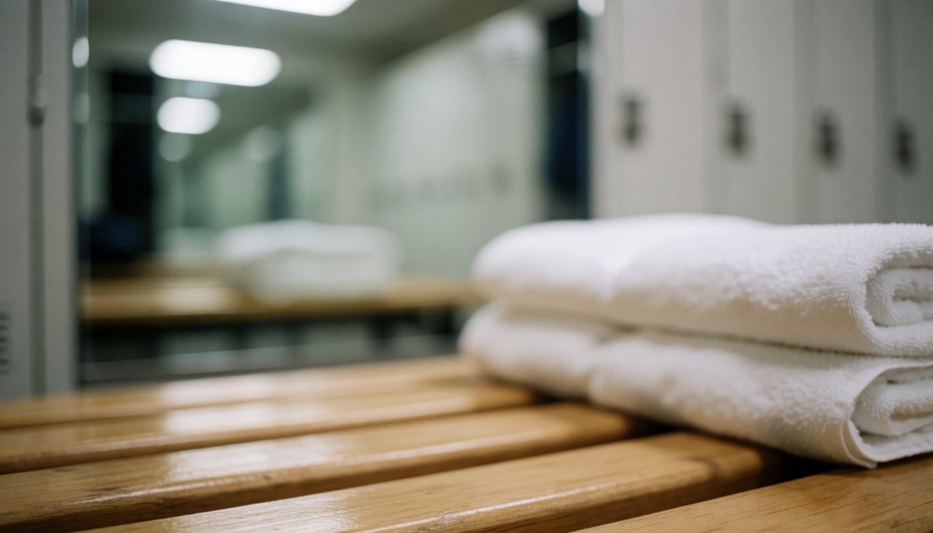 Folded white towels resting on a wooden bench in a clean gym locker room with blurred mirrors and lockers in the background