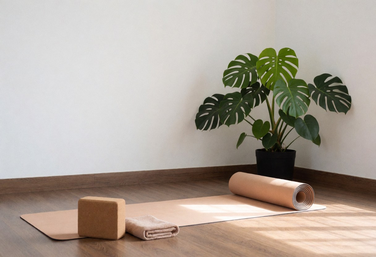 Yoga studio featuring a plant, mat, cork block, and towel on a wooden floor with natural light