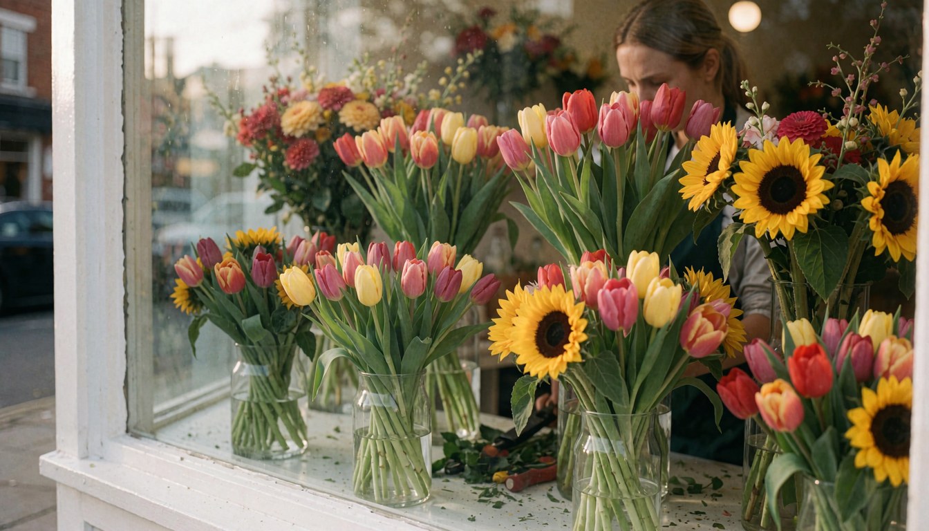 Shop window display featuring tulips and sunflowers in glass vases with natural light and colorful floral decor