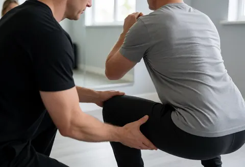 CrossFit coach adjusting a client's squat posture in front of a gym mirror with white floor and gray walls.