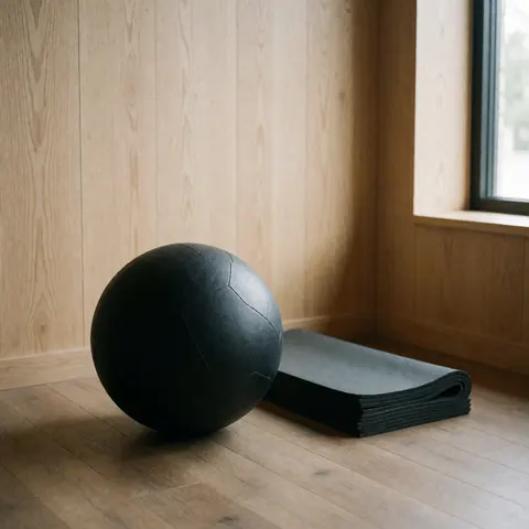 Black rubber medicine ball resting on a wooden floor next to folded yoga mats in a room with wooden walls and natural window light