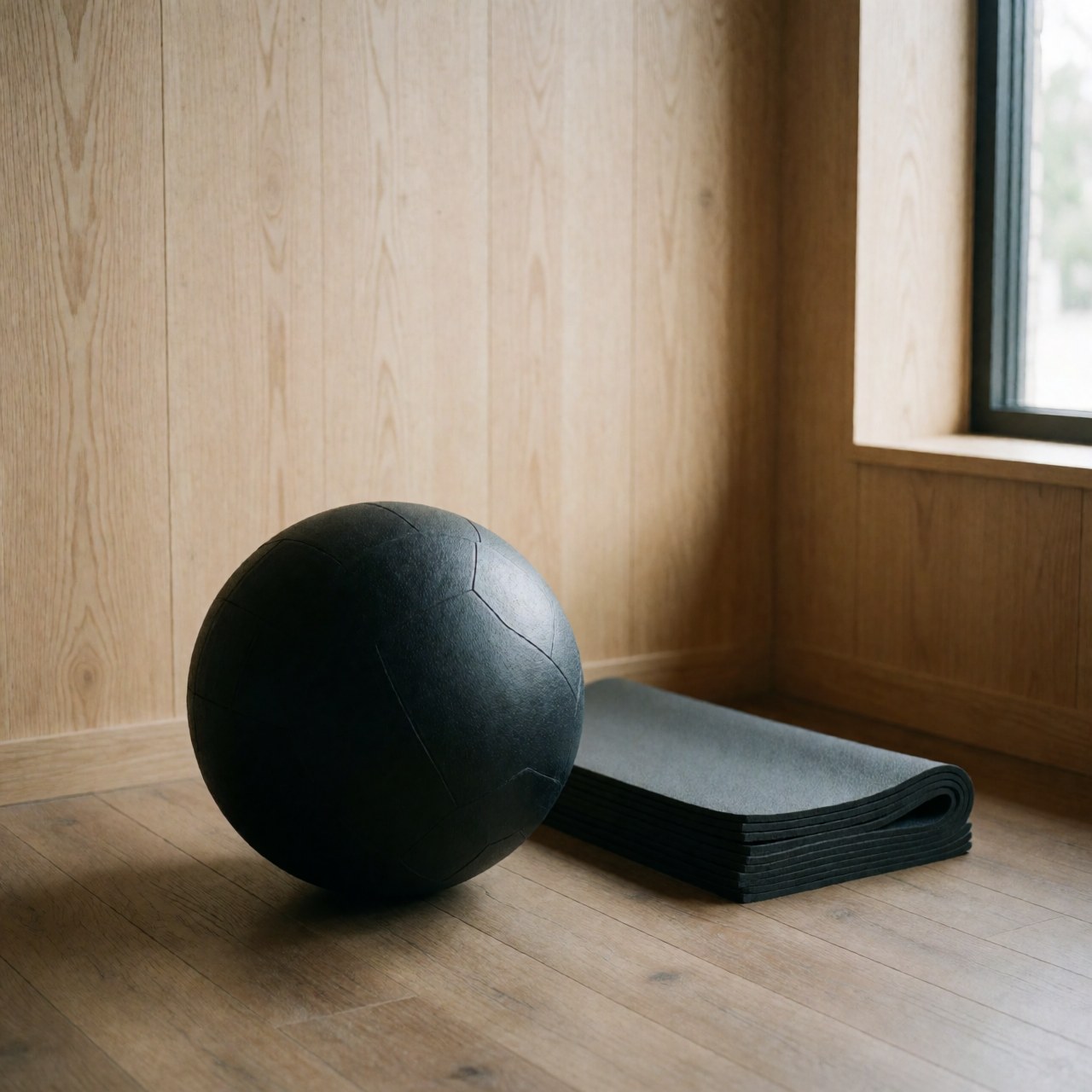 Black rubber medicine ball resting on a wooden floor next to folded yoga mats in a room with wooden walls and natural window light
