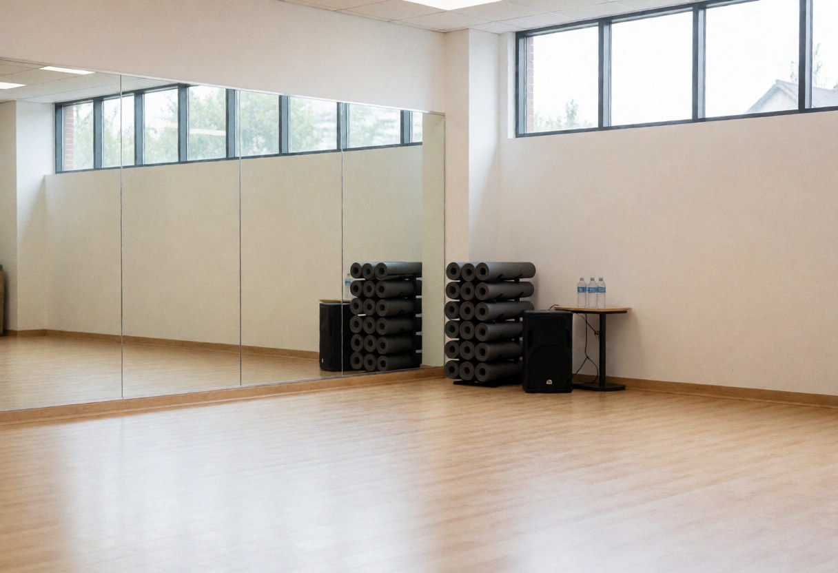 Empty fitness studio featuring wooden flooring, wall mirrors, rolled yoga mats, and a table with water bottles