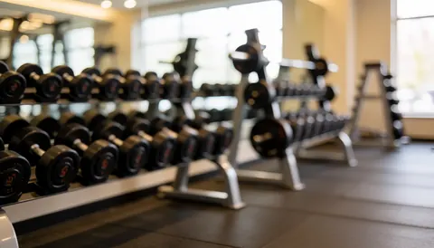 Dumbbell rack on rubber flooring with warm lighting and professional atmosphere suitable for text overlay