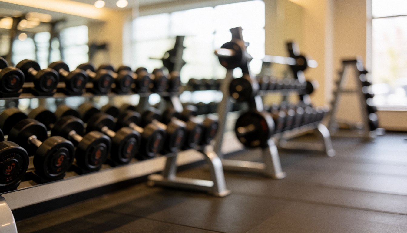 Dumbbell rack on rubber flooring with warm lighting and professional atmosphere suitable for text overlay