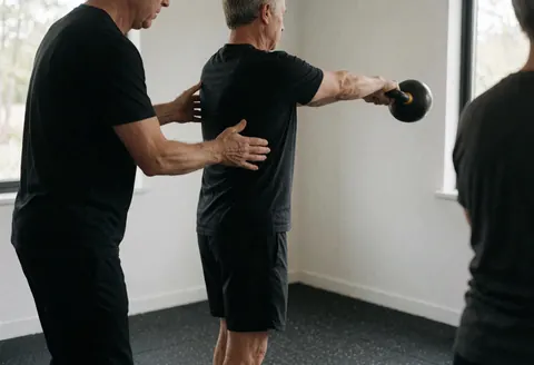 Fitness trainer guides a client through a kettlebell swing, correcting their back posture in a gym with rubber flooring and natural light.