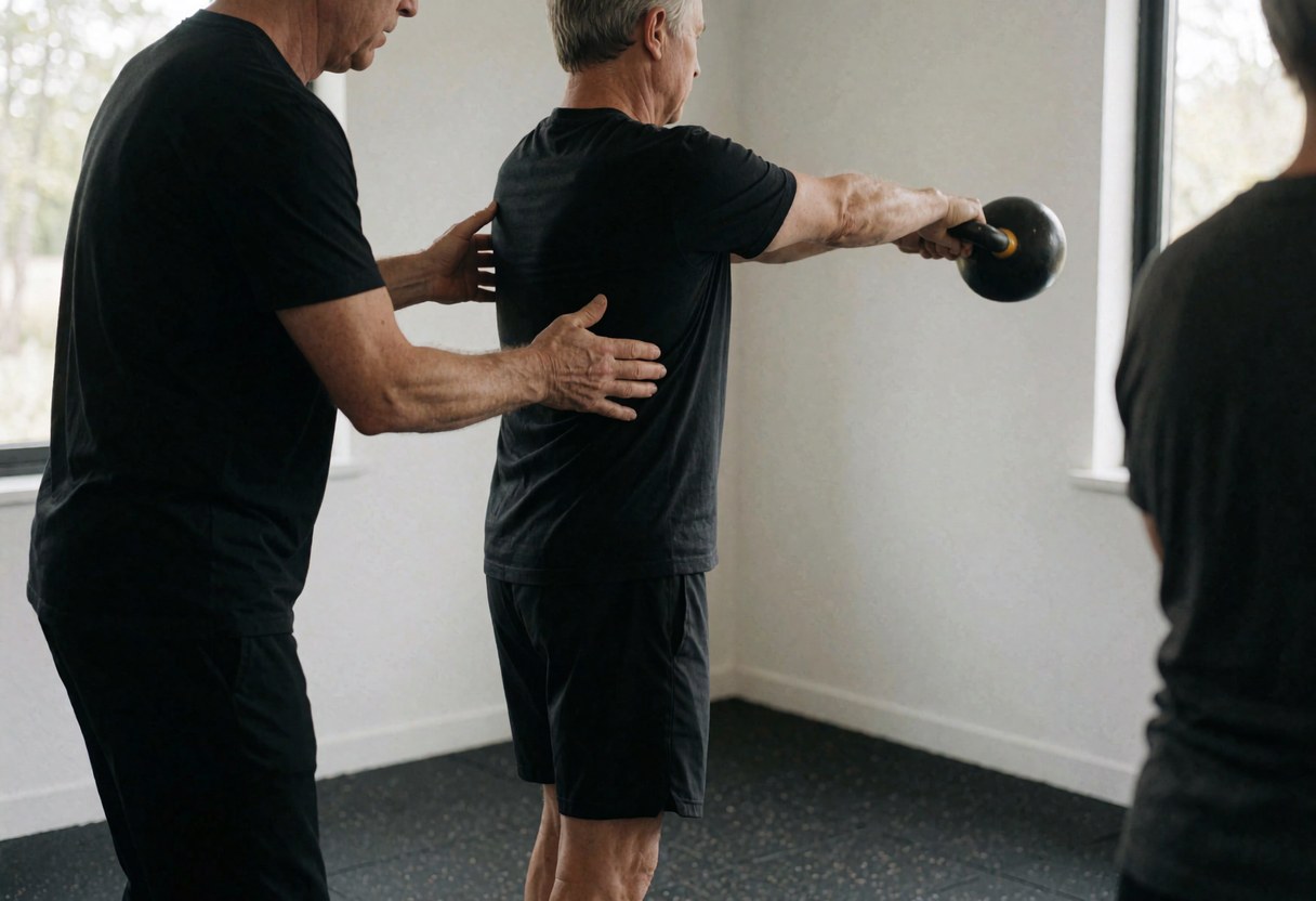 Fitness trainer guides a client through a kettlebell swing, correcting their back posture in a gym with rubber flooring and natural light.