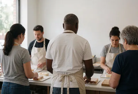 Five bakers in aprons prepare cakes on a white table with natural window light in a collaborative workspace