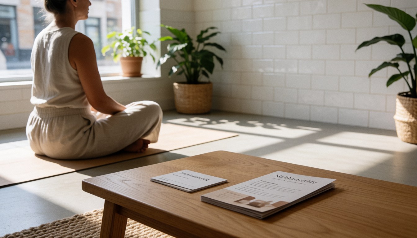 Woman doing yoga in a tiled studio with plants, sunlight, and a wooden table with brochures and membership cards.
