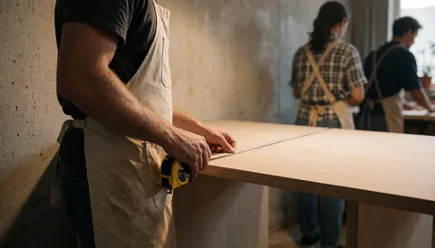 Three carpenters wearing aprons measuring wooden boards in a workshop with concrete walls