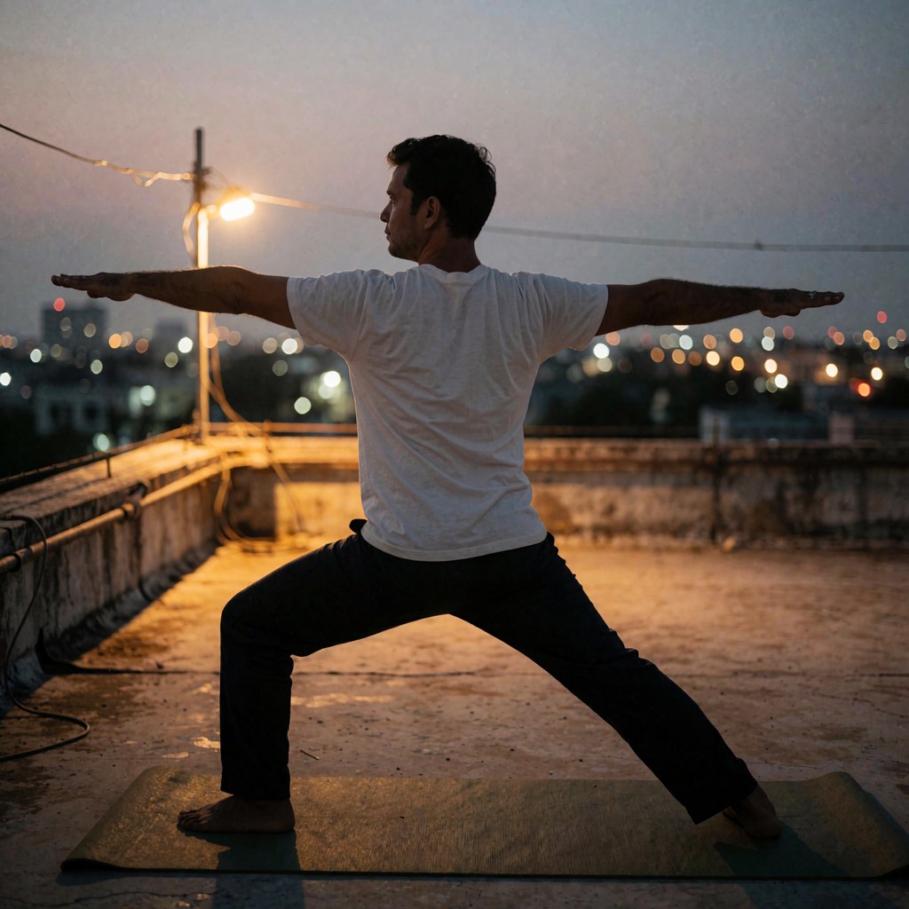 Silhouette of a man practicing yoga in warrior pose on a rooftop mat with blurred city lights in the background at dusk