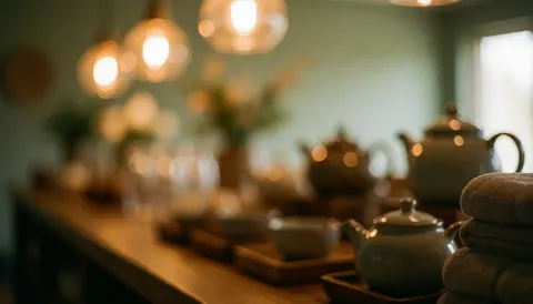 Soft focus background featuring teapots and towels with hanging lights, wood textures, and gentle green tones suitable for text overlay