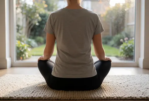 A yoga instructor sits in a lotus position on a mat near a window with a garden view, practicing in natural light.