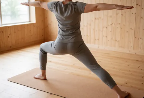 Yoga instructor in warrior two pose viewed from behind in a studio with wood walls and pine floor wearing gray clothes on a cork mat
