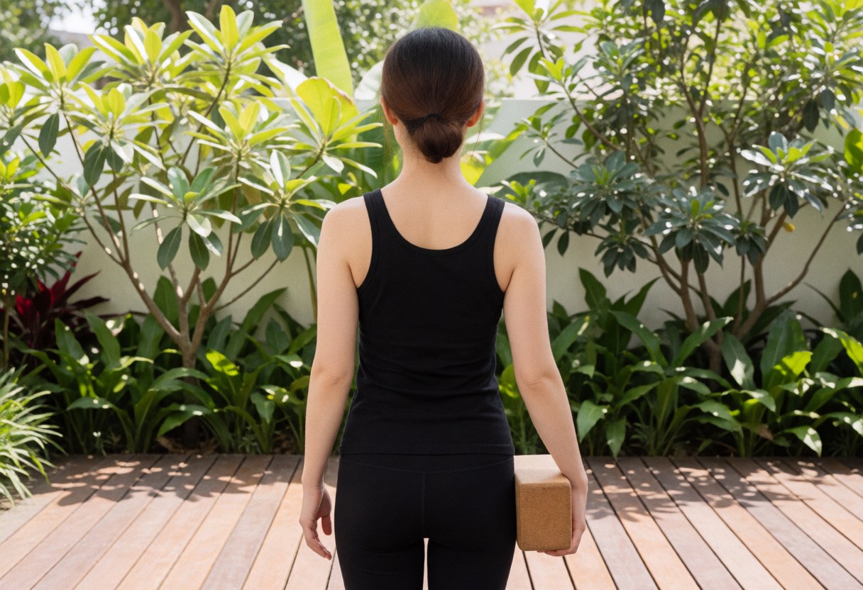 Back view of a yoga instructor holding a block on a wooden deck surrounded by greenery in bright sunlight