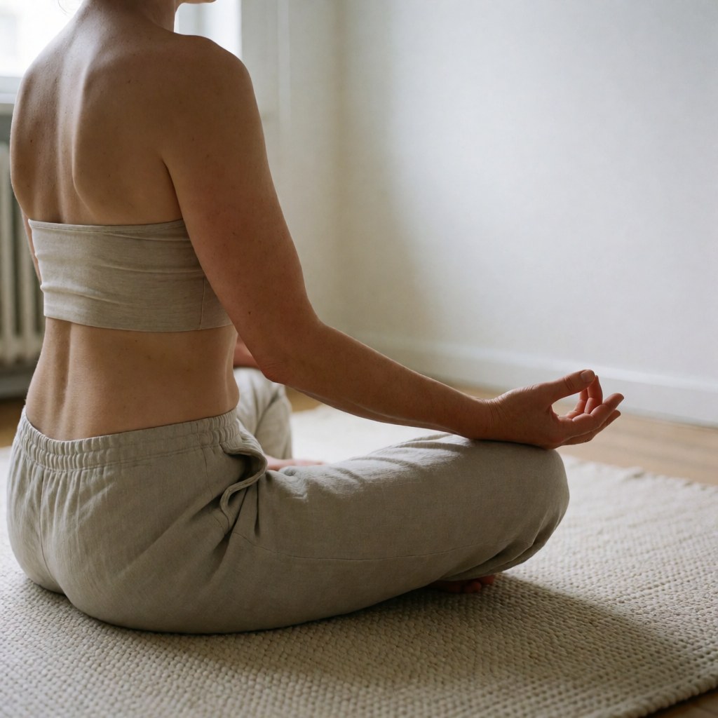 Adult woman sitting on a textured mat in a serene, minimalist room with natural light and beige clothing