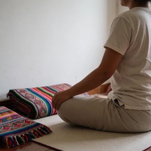 A person sits in a meditation pose on a mat beside vibrant Andean textiles in a calm, natural setting.