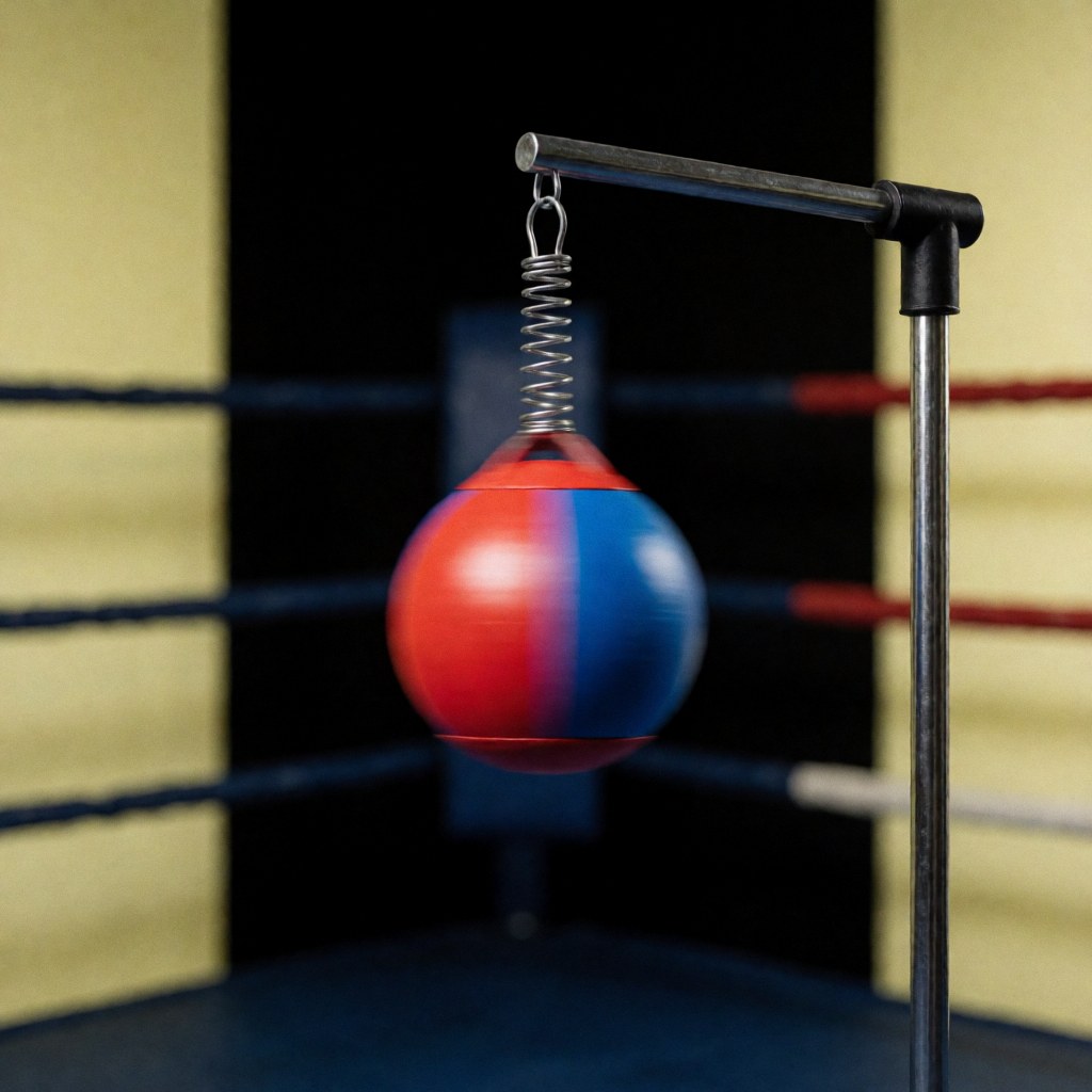 Red and blue speed ball hanging from a spring in a boxing ring corner with dark background and yellow walls for reflex training
