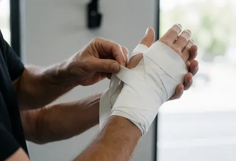 Close-up of an adult hand wrapping a boxing glove with white tape in a gym with natural light, showing professional preparation for training.