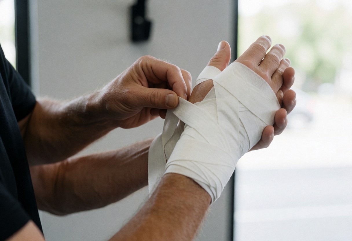 Close-up of an adult hand wrapping a boxing glove with white tape in a gym with natural light, showing professional preparation for training.