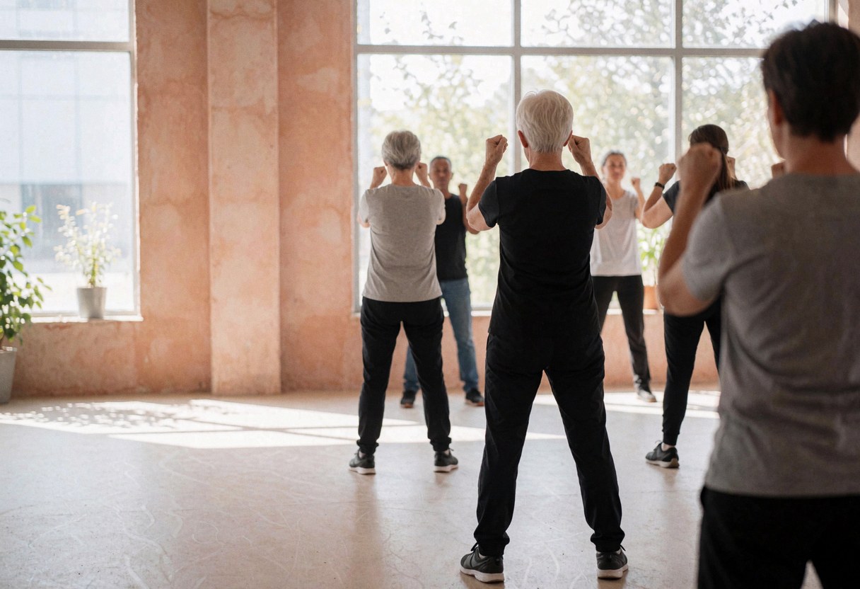A group of adults engaging in boxing training inside a gym with terracotta walls and large windows illuminated by natural light.