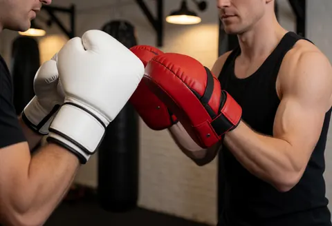 A boxing instructor wearing red focus mitts receives a punch from a student wearing white gloves in a gym with warm lighting and punching bags in the background.