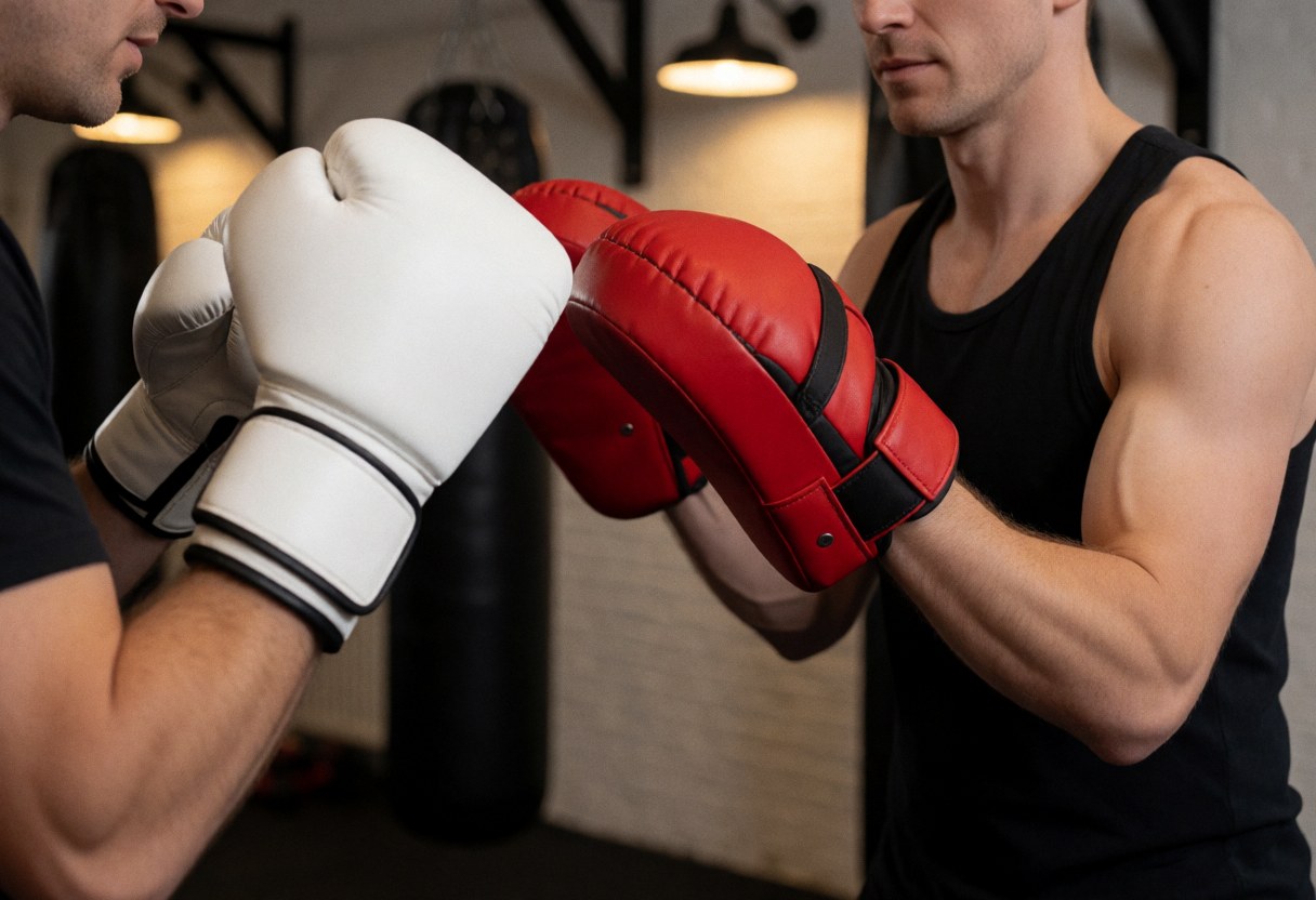 A boxing instructor wearing red focus mitts receives a punch from a student wearing white gloves in a gym with warm lighting and punching bags in the background.