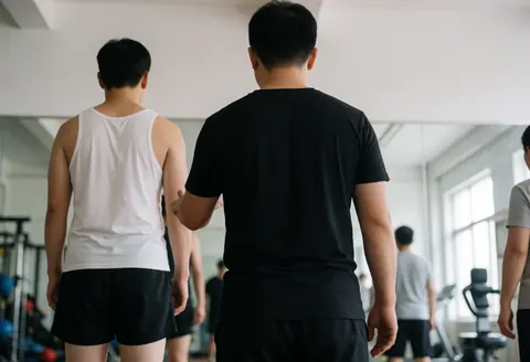 Back view of a boxing trainer coaching a client in a gym with natural light, both wearing athletic wear in a professional setting