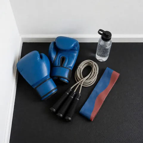 Blue boxing gloves, jump rope, resistance band, and water bottle arranged on a black rubber mat for fitness training.