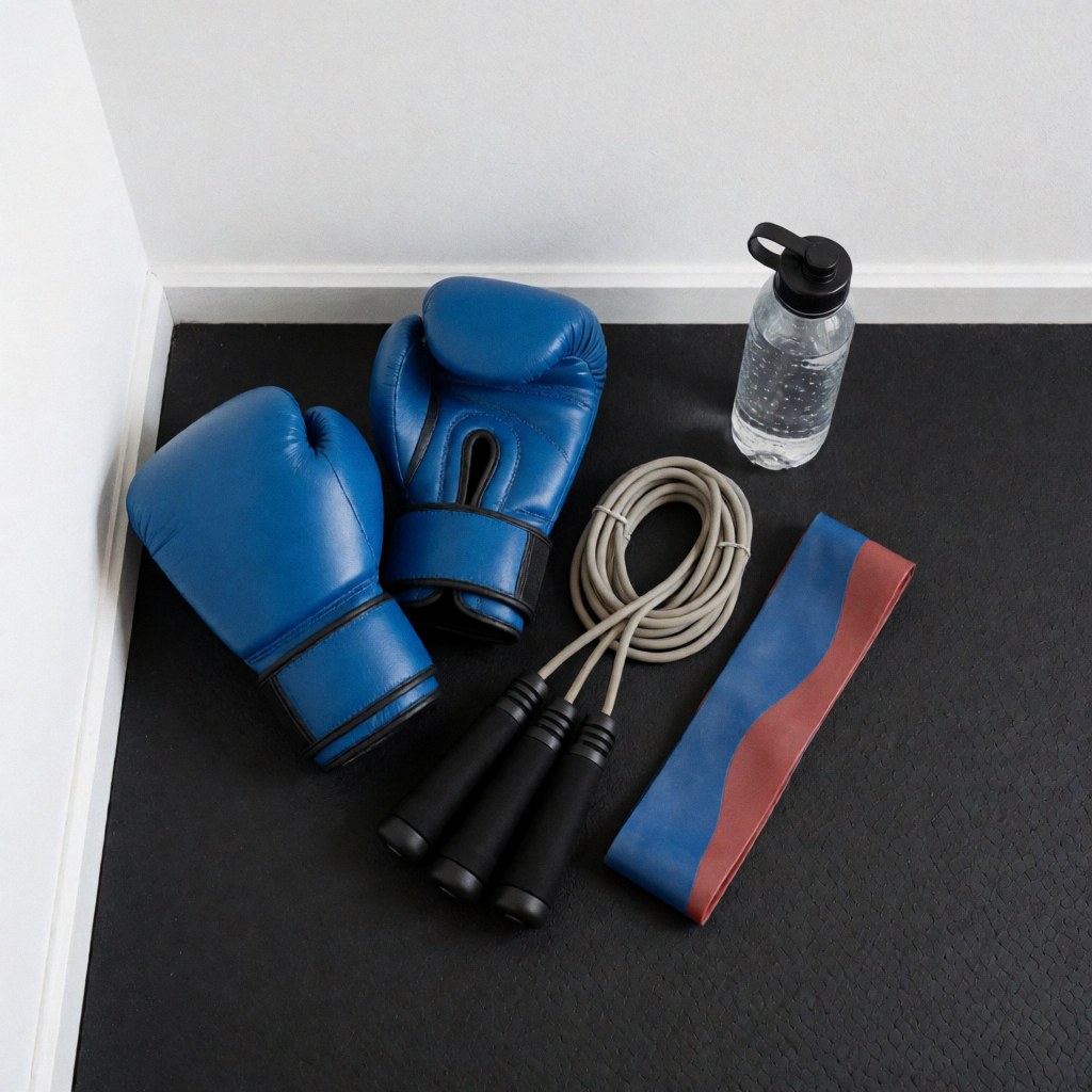 Blue boxing gloves, jump rope, resistance band, and water bottle arranged on a black rubber mat for fitness training.