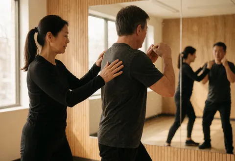 A boxing trainer adjusts the stance of an older client in front of a mirror in a modern gym with natural light.