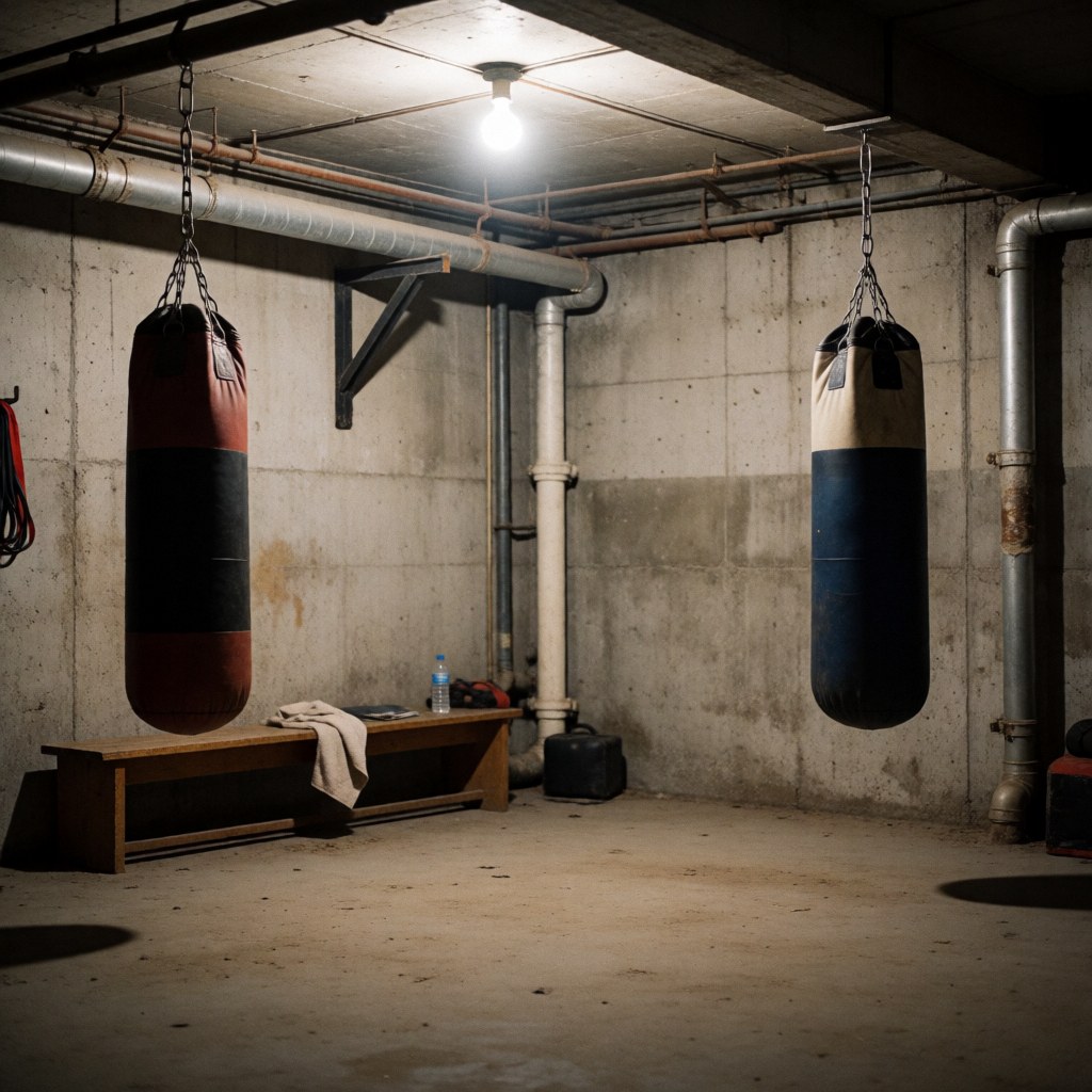 Boxing bags hanging in a basement gym with concrete walls, exposed pipes, and a bench with a towel and water bottle