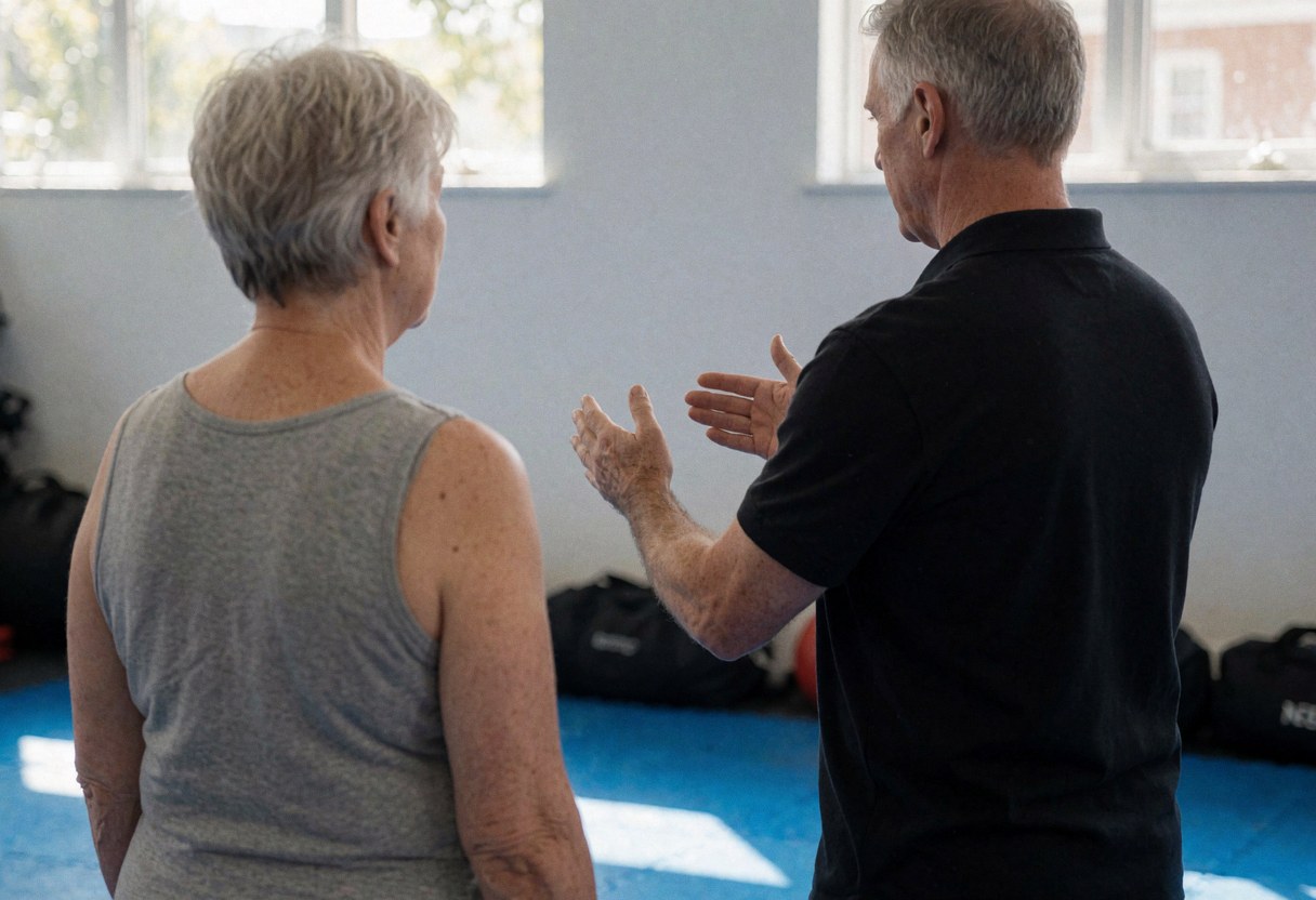 Back view of boxing instructor gesturing with hands while teaching footwork technique to an older female client in a gym with natural light and blue floor