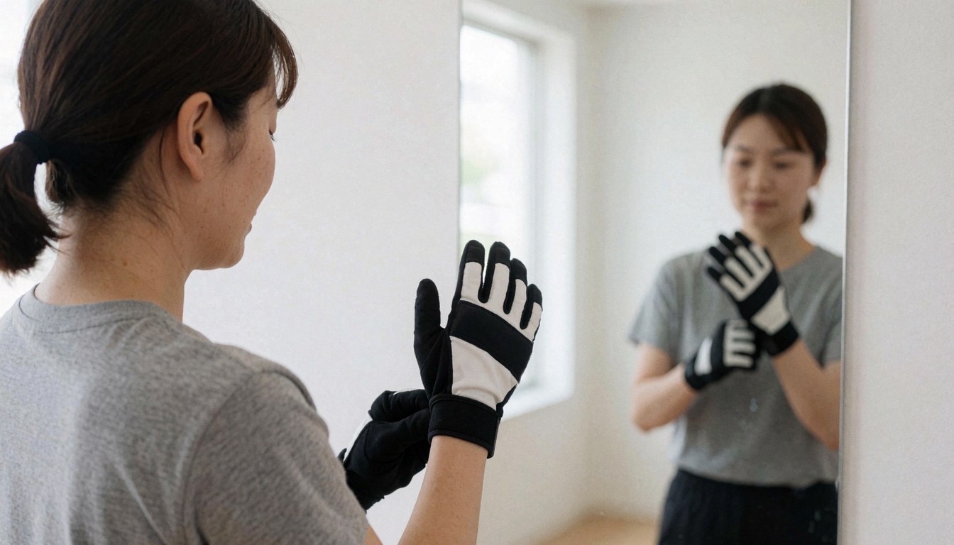 Woman placing black and white training gloves in front of a mirror in a modern gym with white walls and natural light.