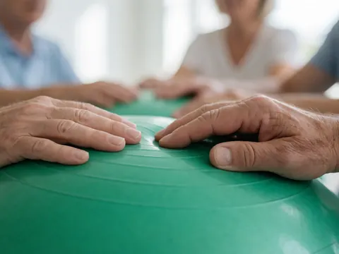 Close-up of a physical therapist's hands pressing a green therapy ball during a session, with blurred figures in the background.
