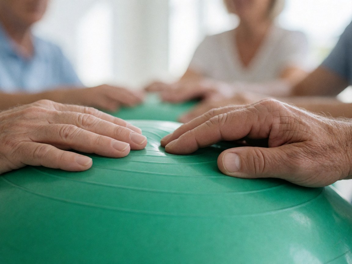 Close-up of a physical therapist's hands pressing a green therapy ball during a session, with blurred figures in the background.