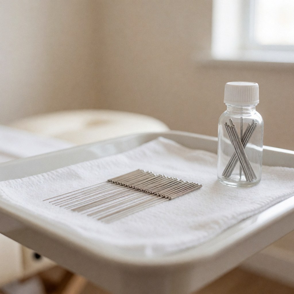Metal acupuncture needles and instrument jar on a white tray over a clean towel in a treatment room with soft natural light
