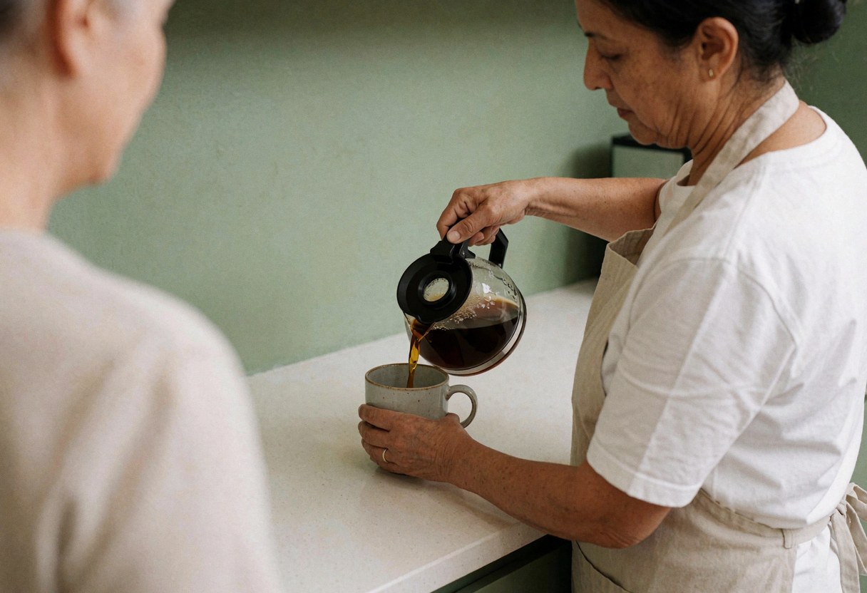 Coffee being poured from a glass carafe into a ceramic mug on a white table with a pale green wall in the background.