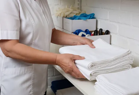 Professional in white uniform carefully folding clean towels on white shelf with gloves and tools in background