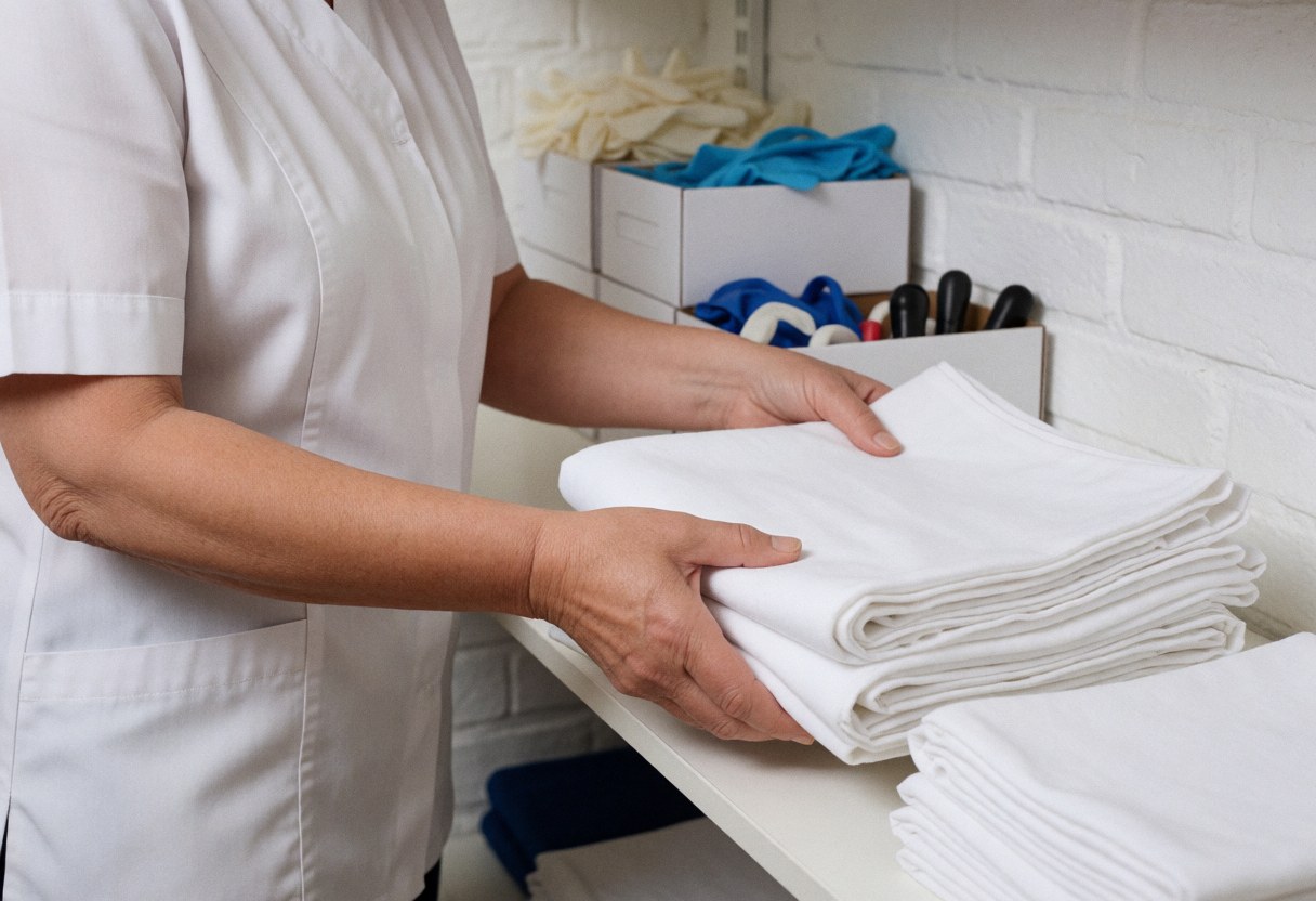 Professional in white uniform carefully folding clean towels on white shelf with gloves and tools in background