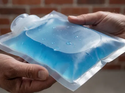 Adult hands holding a blue cold gel pack with condensation drops against a red brick wall background