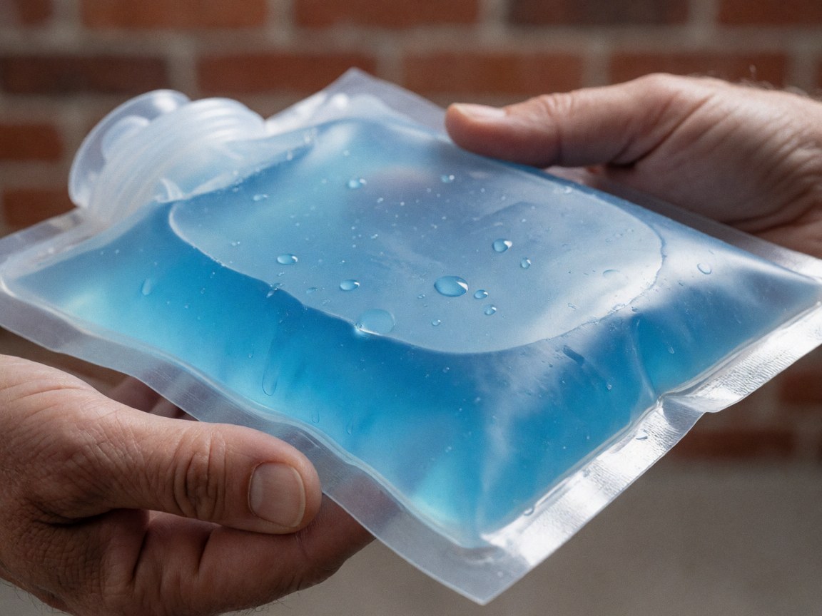 Adult hands holding a blue cold gel pack with condensation drops against a red brick wall background
