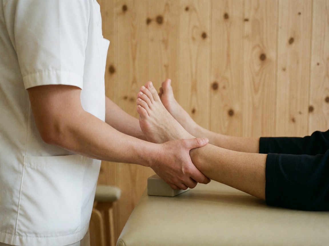Physiotherapist in white uniform guiding patient ankle mobility with stabilization block on treatment table against light wood wall
