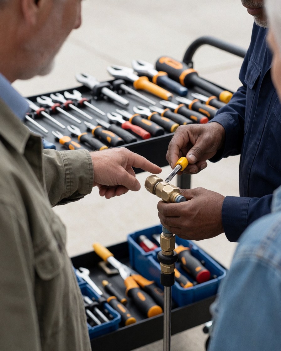 Mechanic repairing water tank gasket with customer pointing, tools visible on organized cart, outdoor work.