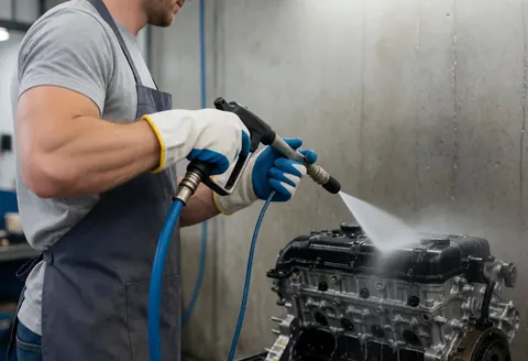 Worker uses pressure washer to clean a car engine at an industrial washing station