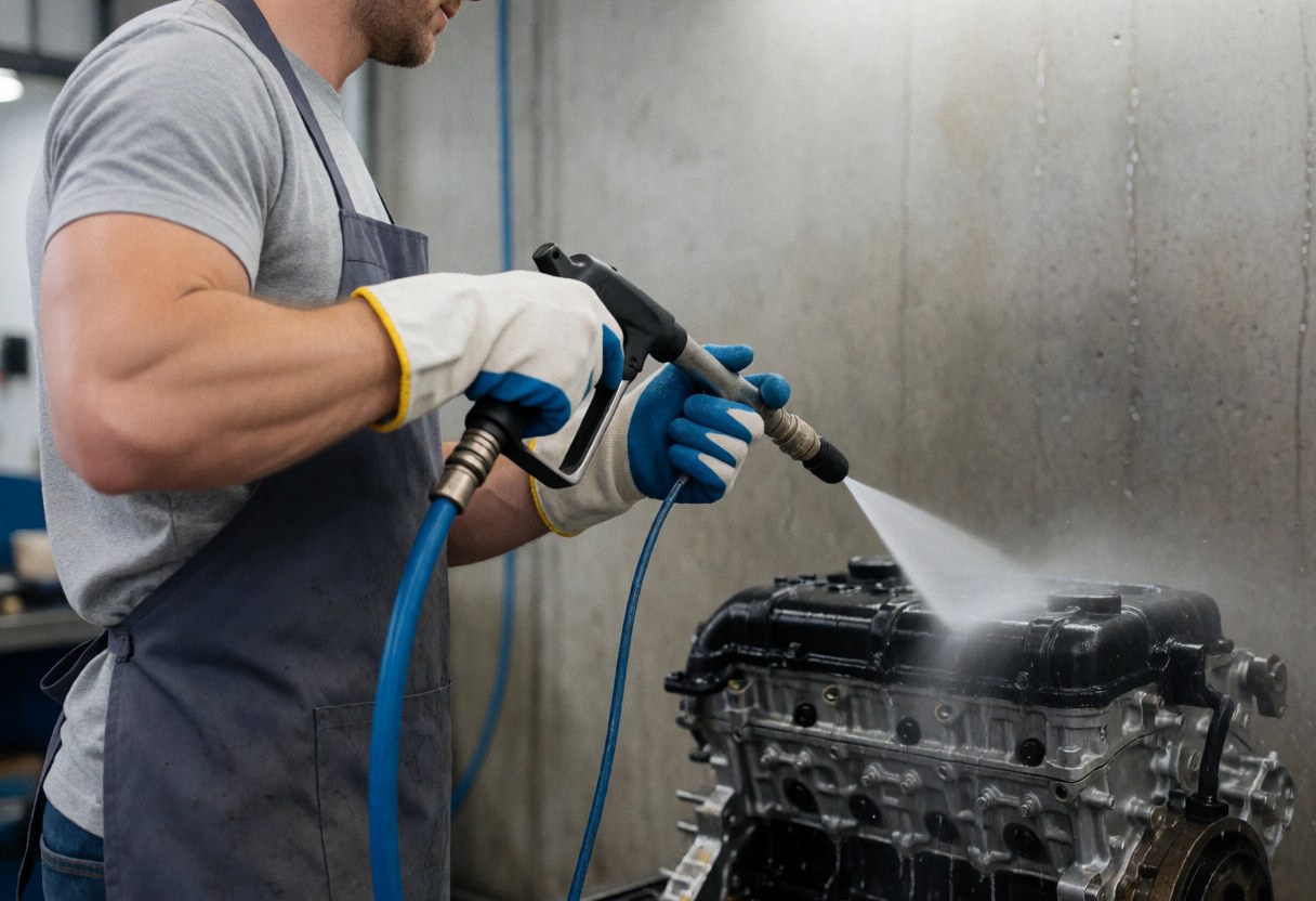 Worker uses pressure washer to clean a car engine at an industrial washing station