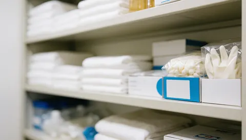 White shelves holding gloves, towels, and boxes, providing a clean background for fitness preparation text.