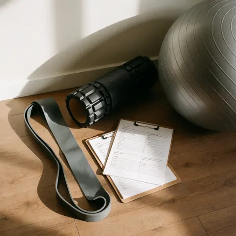 Physical therapy and assessment equipment on a wooden floor including resistance bands, foam roller, stability ball, and clipboards with forms under natural light